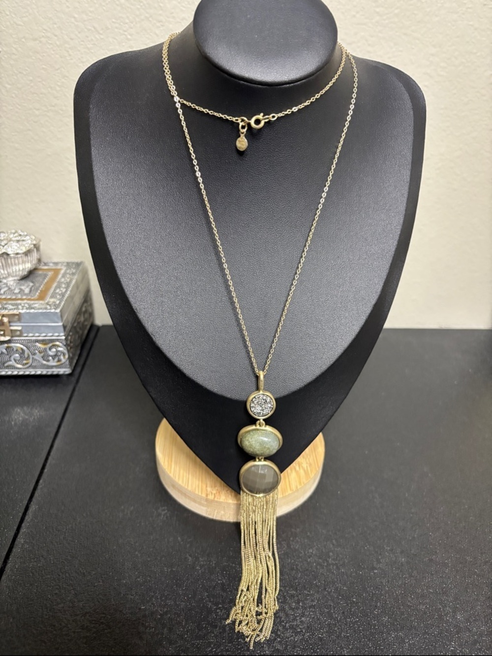 Loft Green Gray Druzy Stoned Long Tassel Gold Tone Necklace